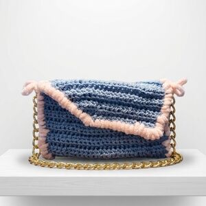 Handmade Blue Crochet Crossbody Bag with Pink Trim and Gold Chain